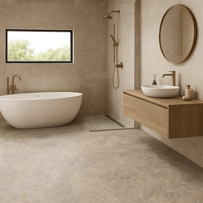 A high resolution photo displays a spacious bathroom with textured stone tiles Beat Almond 24 x 24