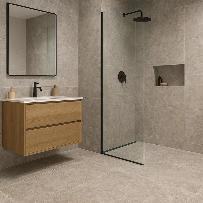 A luxurious living room with Beat Mud 12 x 24 tile flooring and warm modern decor