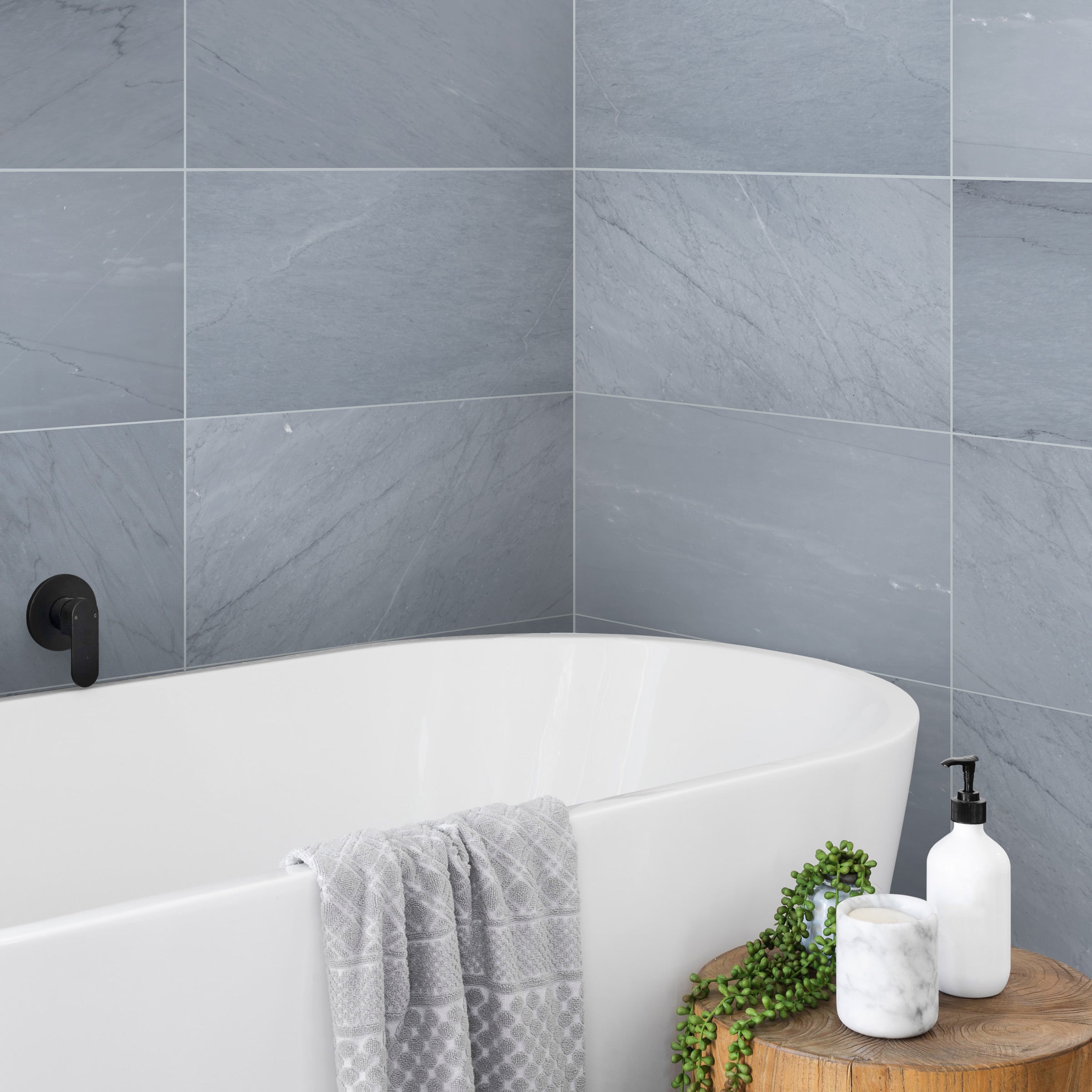 Bardiglio Imperiale gray marble tile bathroom installation