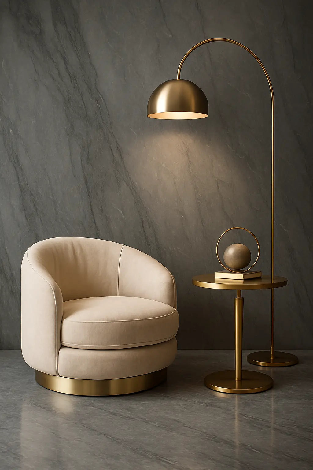 Bardiglio marble floor and wall in a luxury corner with cream velvet chair, gold lamp and side table.