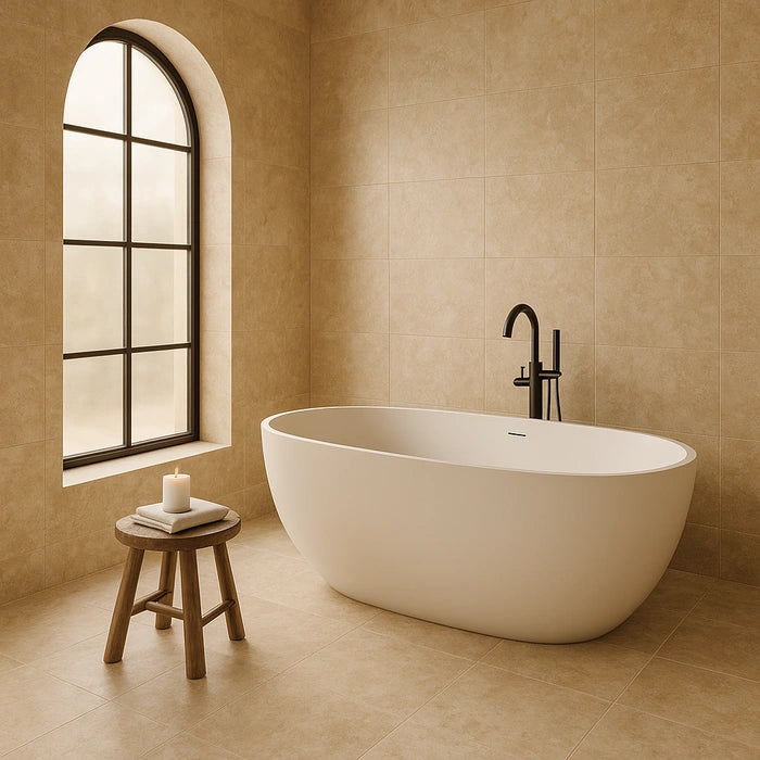 Appia Cross Cut Beige Matte 24 x 48 porcelain tiles in bathroom.
