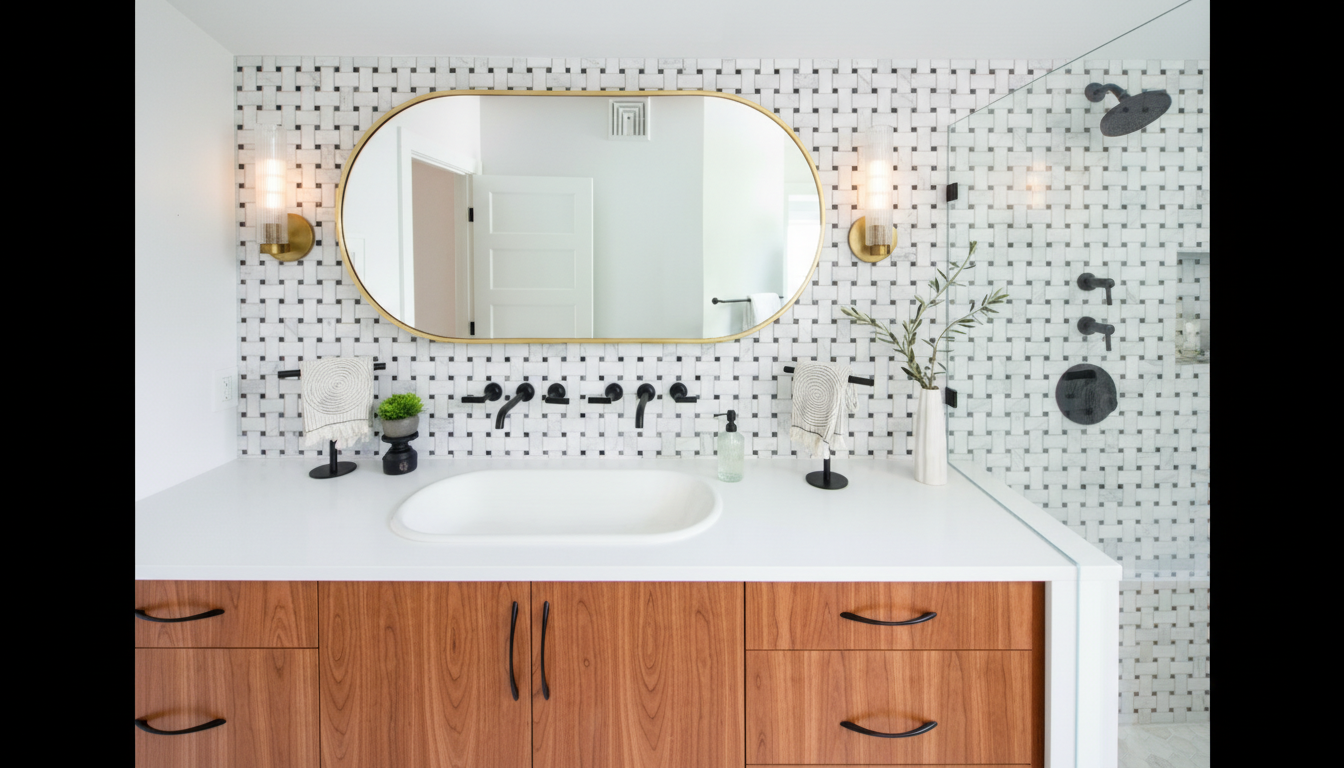 Bianco Dolomite Marble Basketweave with Black Dot Mosaic