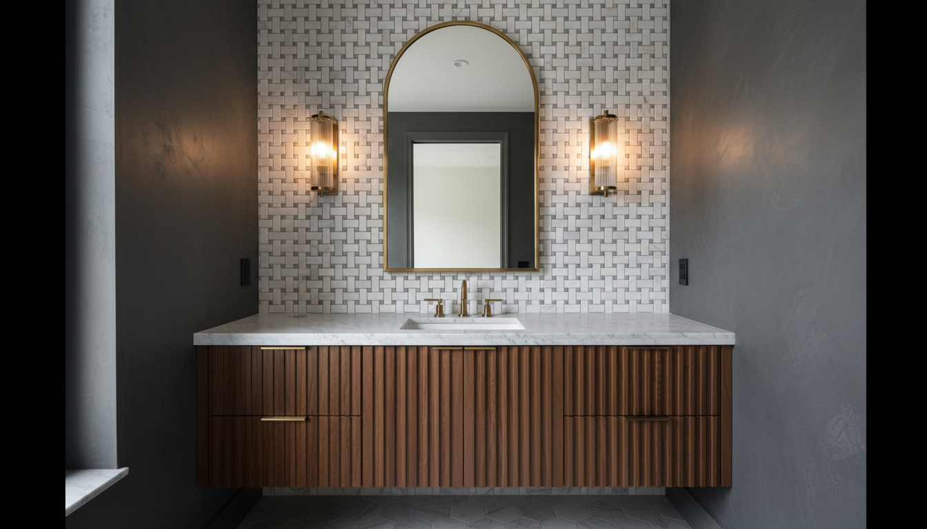 Bianco Dolomite Marble Basketweave with Gray Dot Mosaic