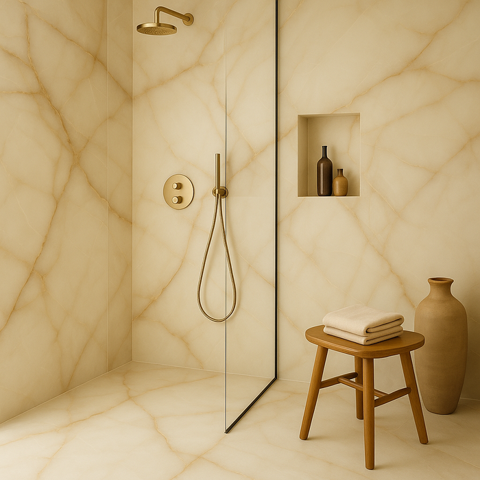 Bijoux Onyx Blanche Glossy 24 x 48 Porcelain Tiles in luxury bathroom.