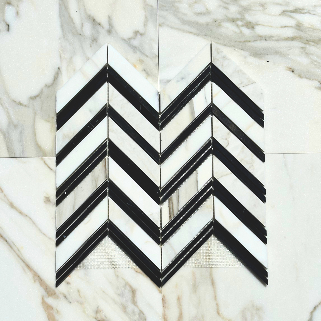 Calacatta Gold Chevron with Black Mosaic