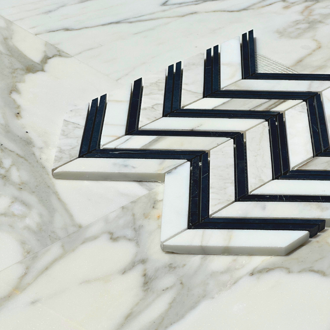 Calacatta Gold Chevron with Black Mosaic