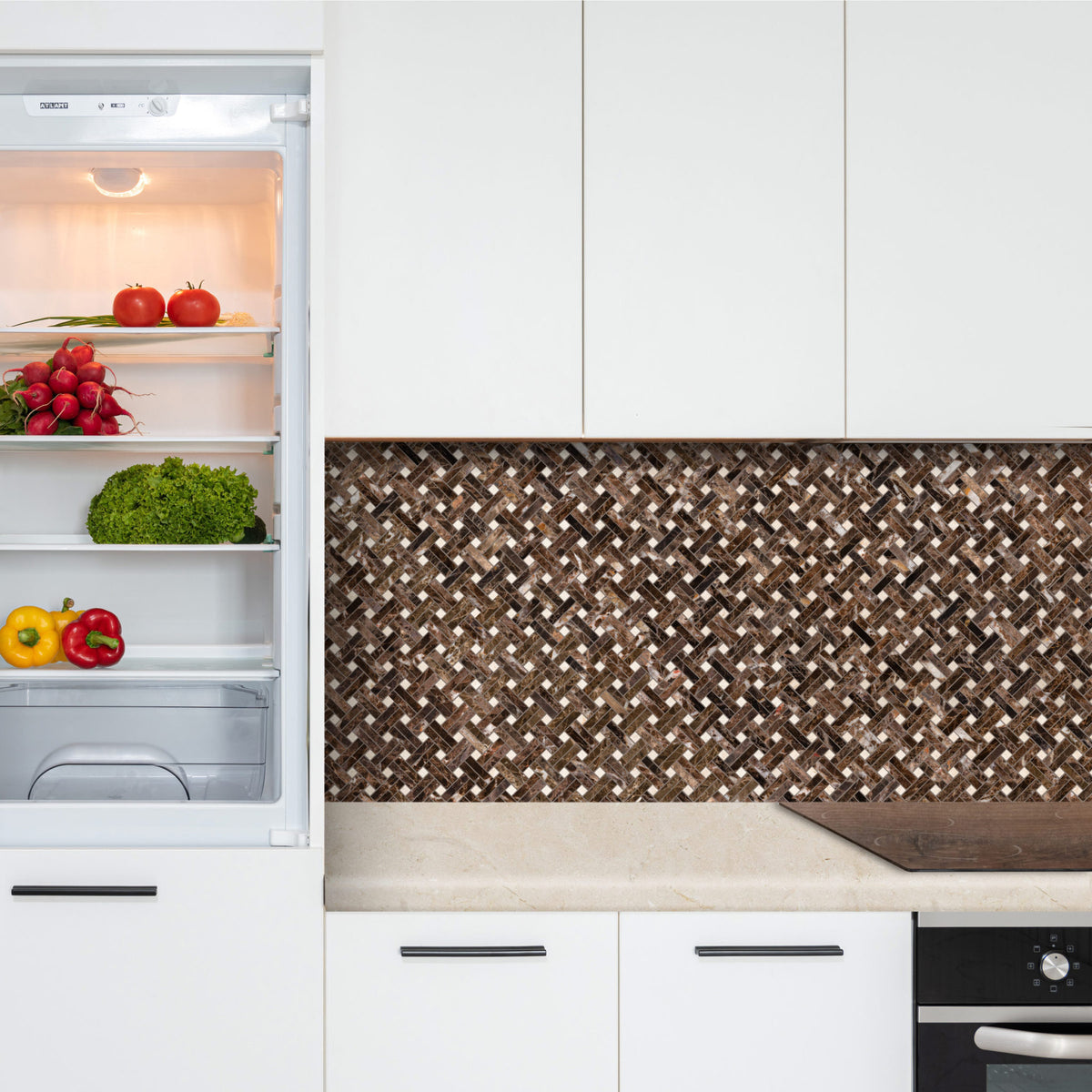 Emperador Dark marble basketweave mosaic kitchen backsplash installation