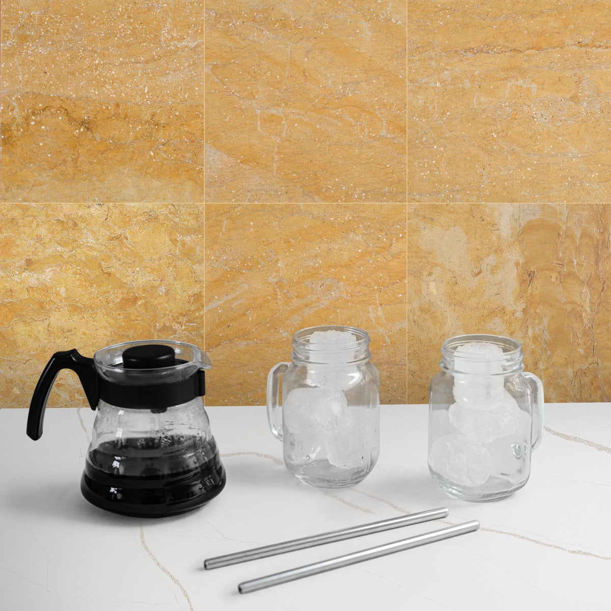 Giallo Reale Marble Tile, 12 x 12, Polished in a room setting