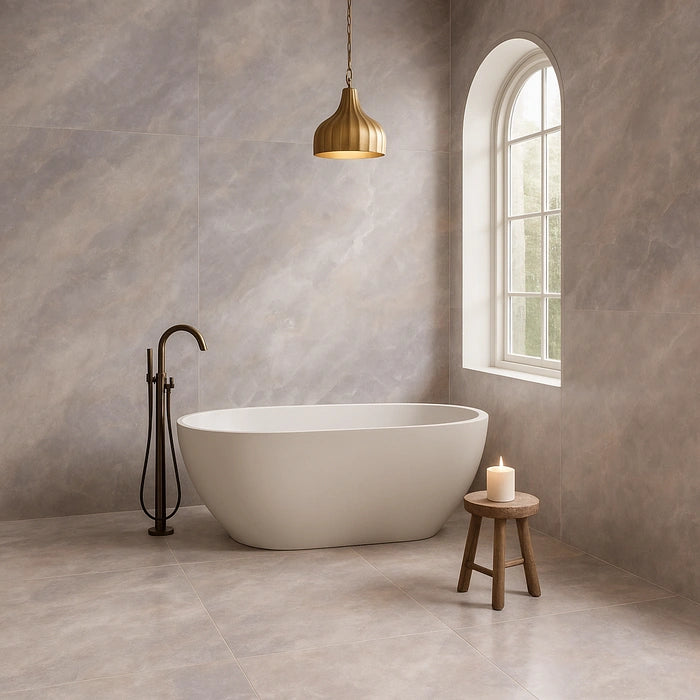 Archisalt Indian Purple Cross 24 x 48 porcelain  tiles in bathroom.