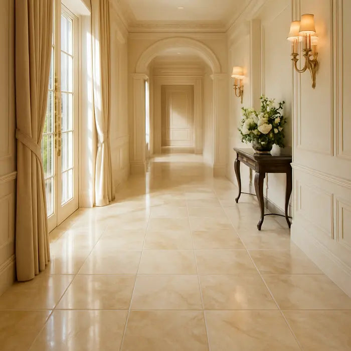 Luxurious hallway with polished beige natural stone tile flooring.