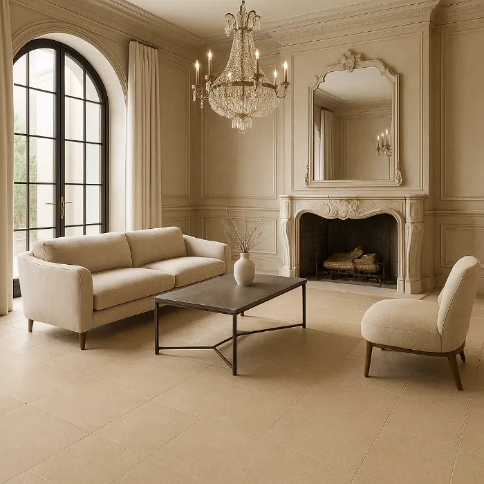 Authentic Luxe Stone Dordogne 24 x 48 porcelain tiles in living room.