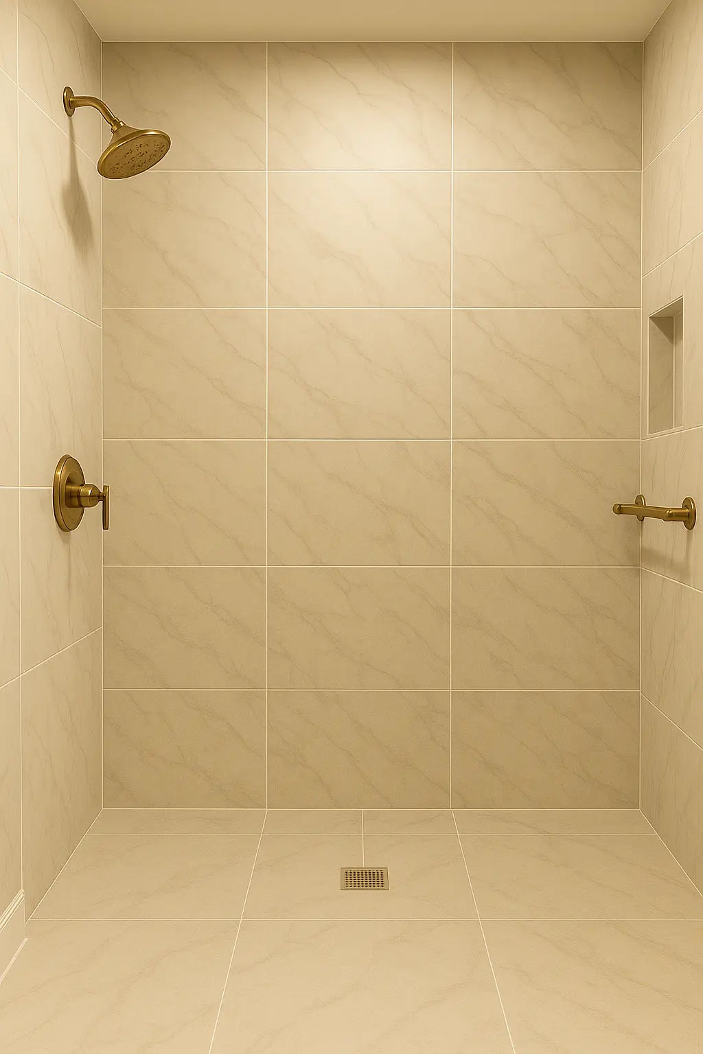 Marble-look porcelain shower with gold fixtures.