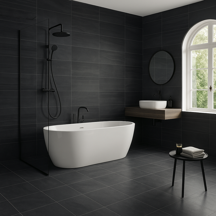 Artwork Piombo 18 x 36 porcelain tiles in bathroom.