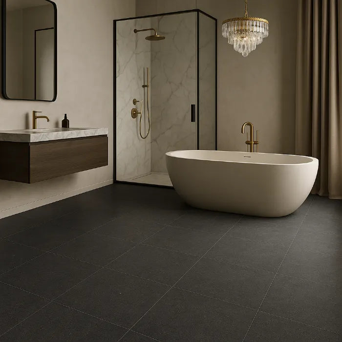 Basalt Graphite Chiseled Grip R11 24 x 24 tiles in luxury bathroom.