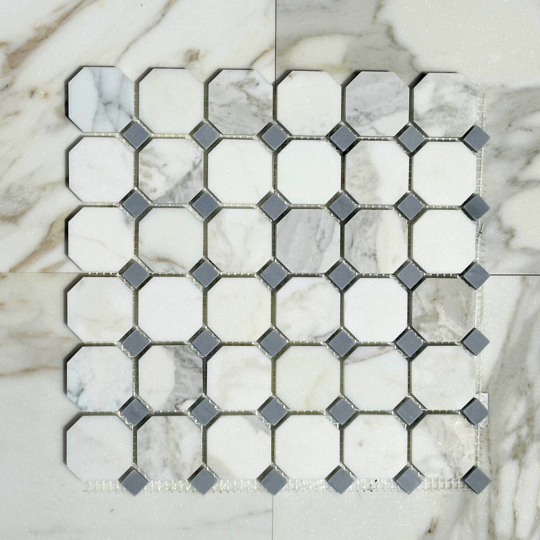 Calacatta Gold Marble with Grey Mosaic Tile