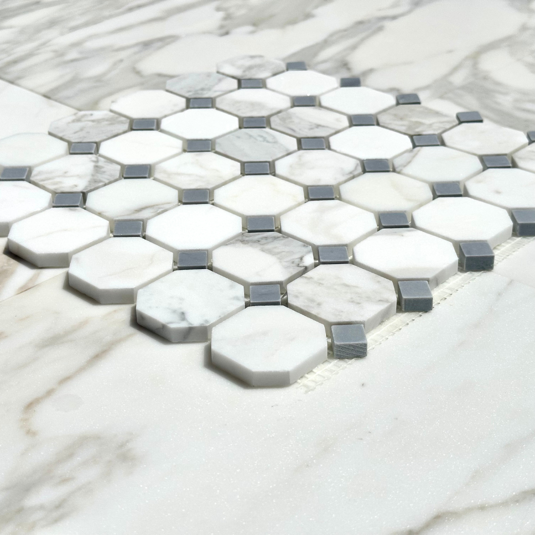 Calacatta Gold Marble Octagon with Grey Mosaic