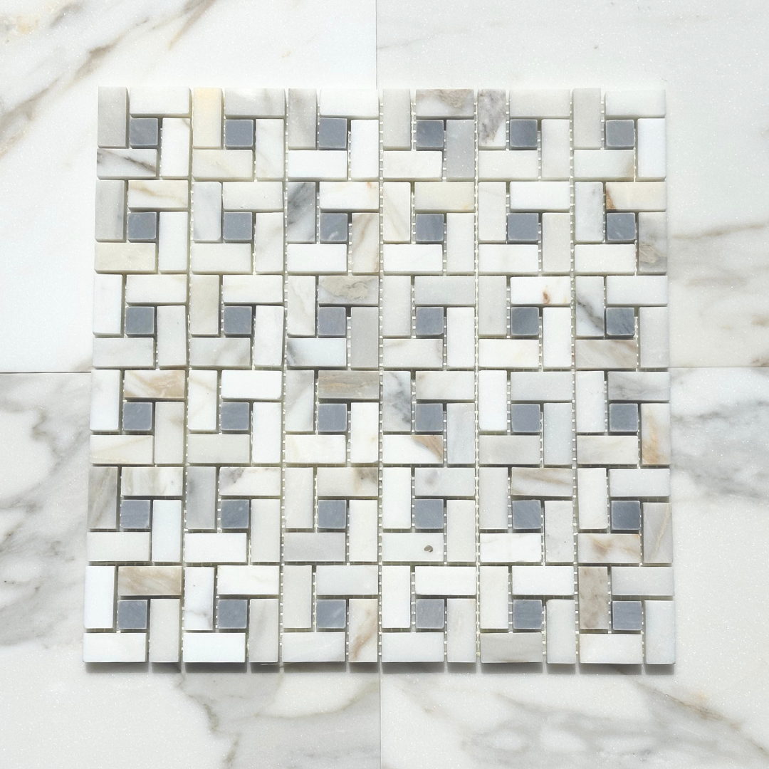 Calacatta Gold Pinwheel with Grey Mosaic