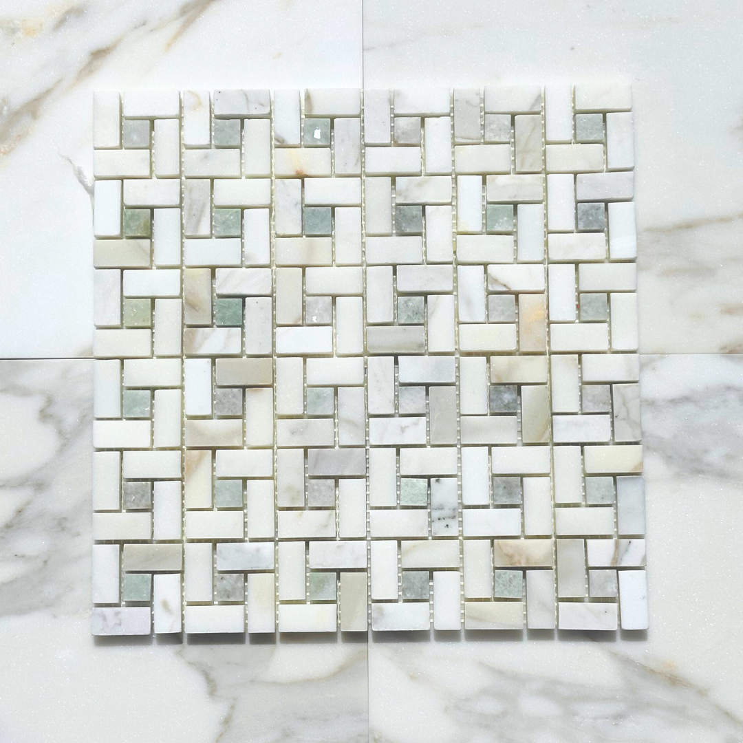 Calacatta Gold Pinwheel with Ming Green Mosaic