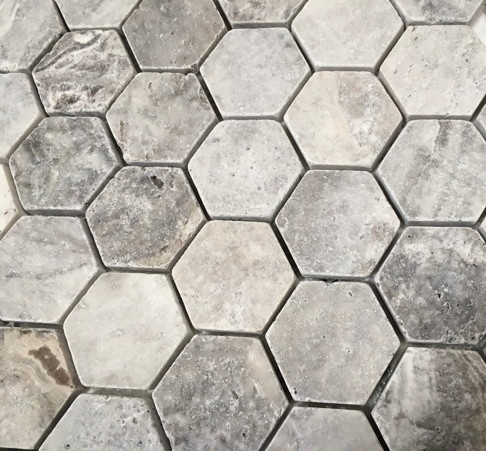 SILVER TRAVERTINE 2" HEXAGON TUMBLED MOSAIC