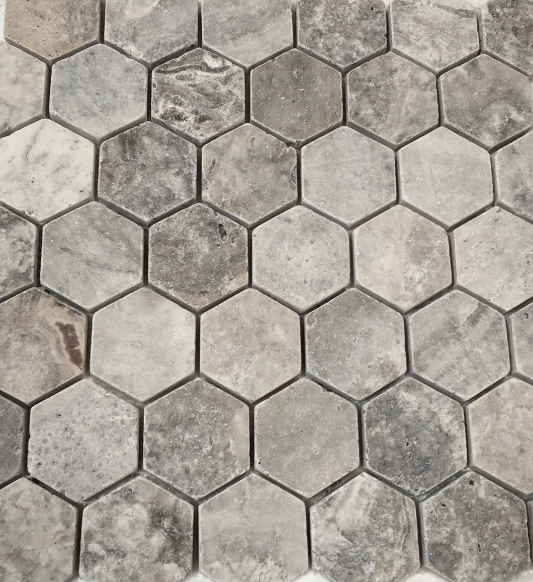 SILVER TRAVERTINE 2" HEXAGON TUMBLED MOSAIC