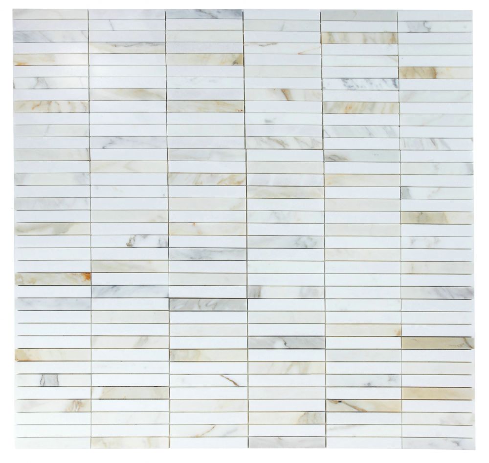 Slot Calacatta Long mosaic tile with sleek white and gold veining, 11.75x11.75.