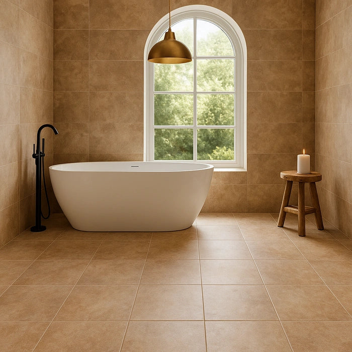 Arbia Sand Grip R11 48 x 48 porcelain tiles in bathroom.