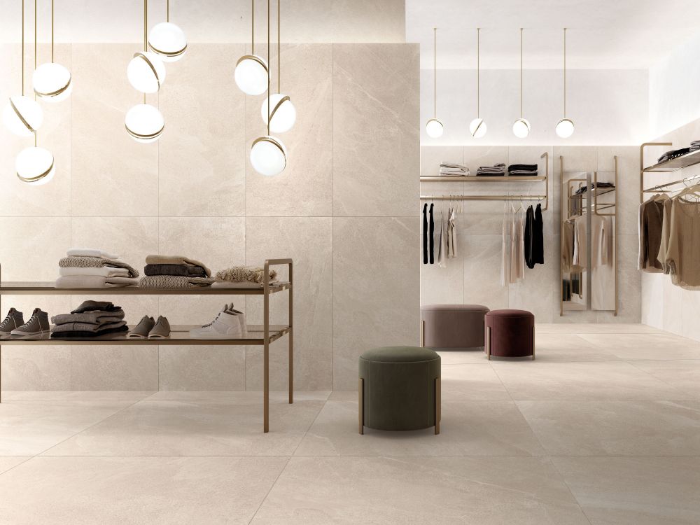 Retail store interior with Tune Ivory tiles.