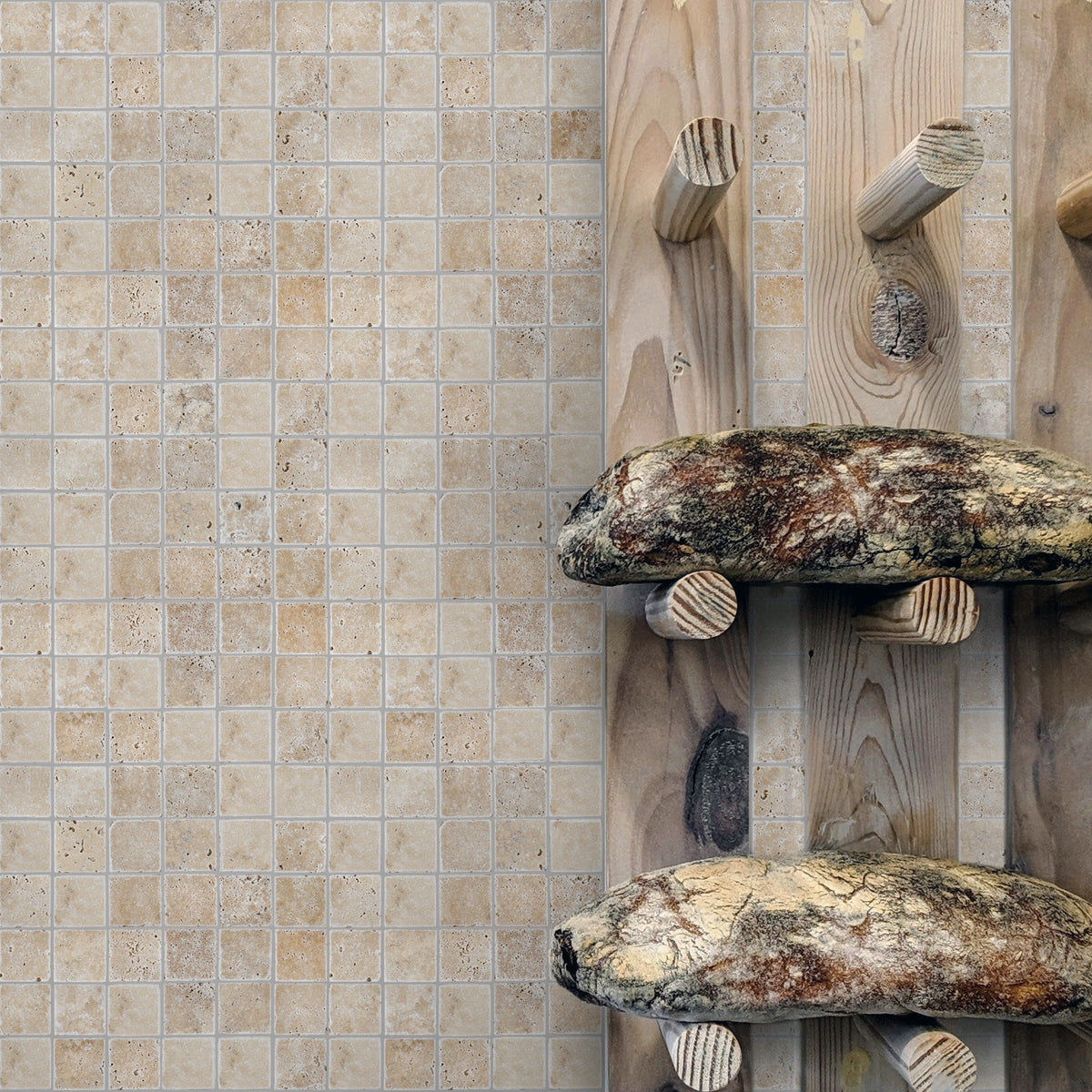 Walnut Travertine Square Mosaic Tile, Tumbled in a room setting