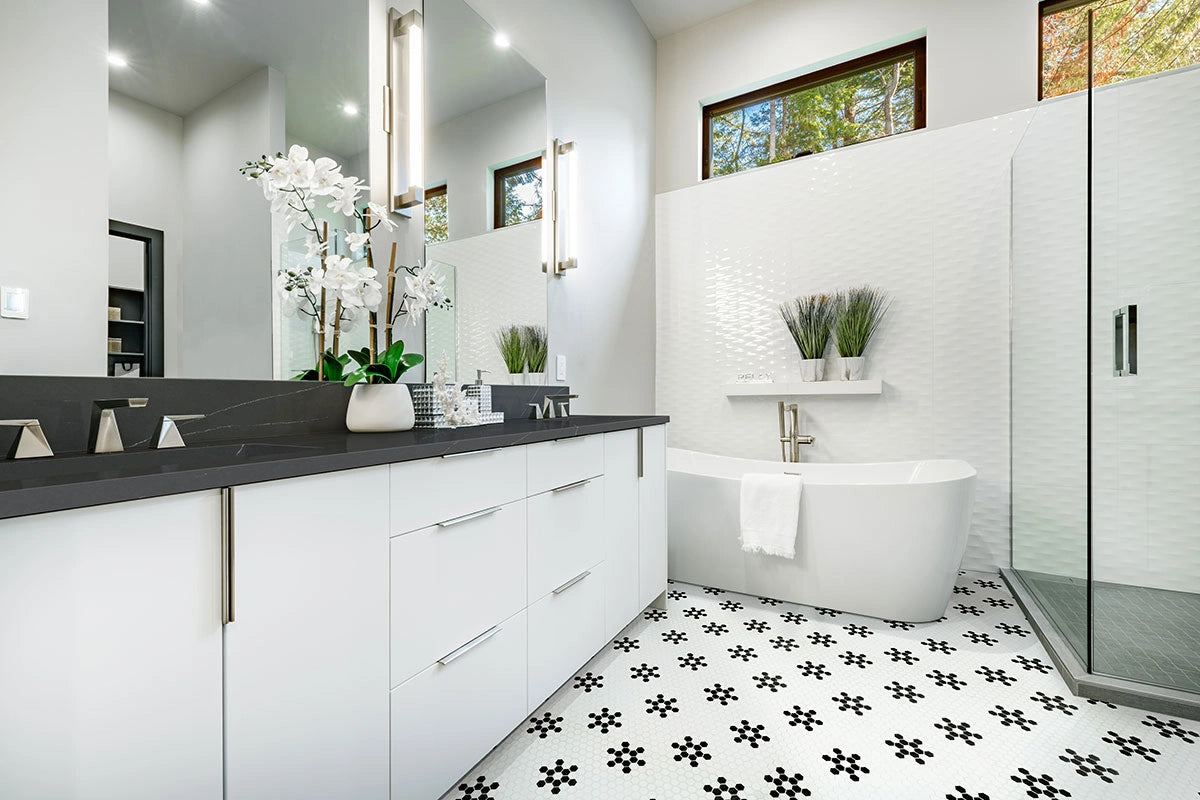 White and Black Mod Petal Pattern Matte Porcelain Tile