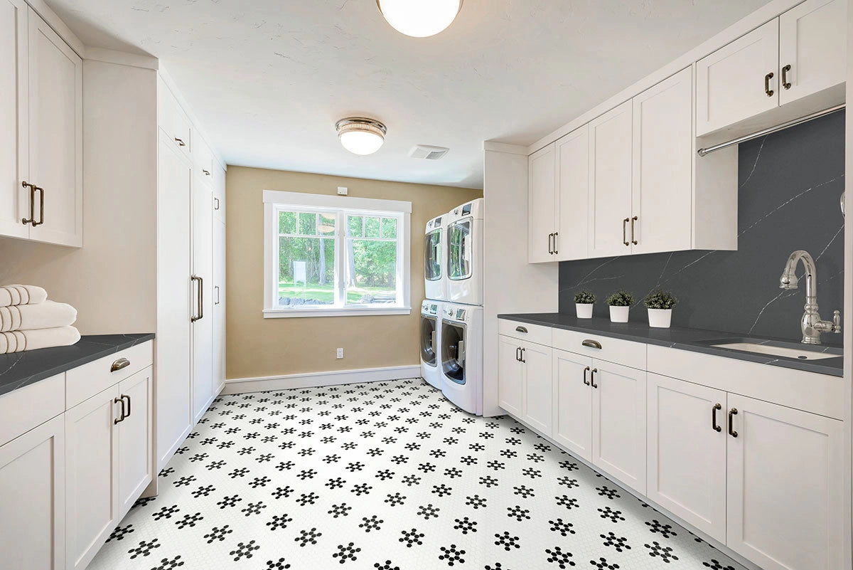 White and Black Mod Petal Pattern Matte Porcelain Tile