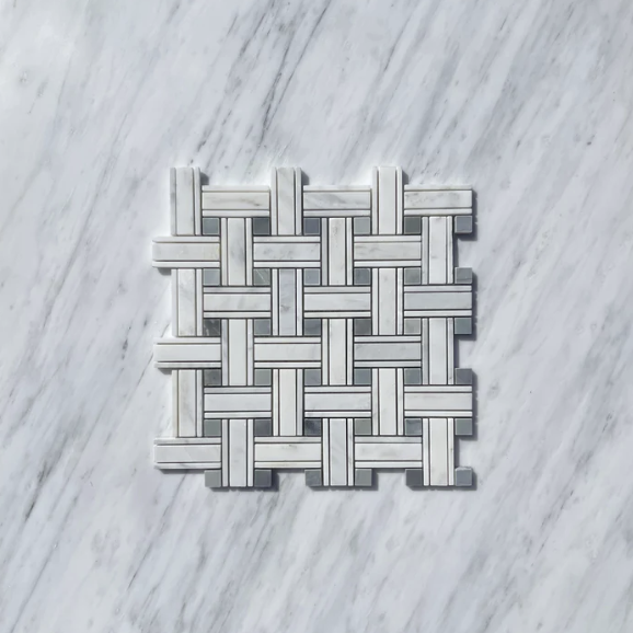 Carrara White Kenzy Basketweave Blue Marble.