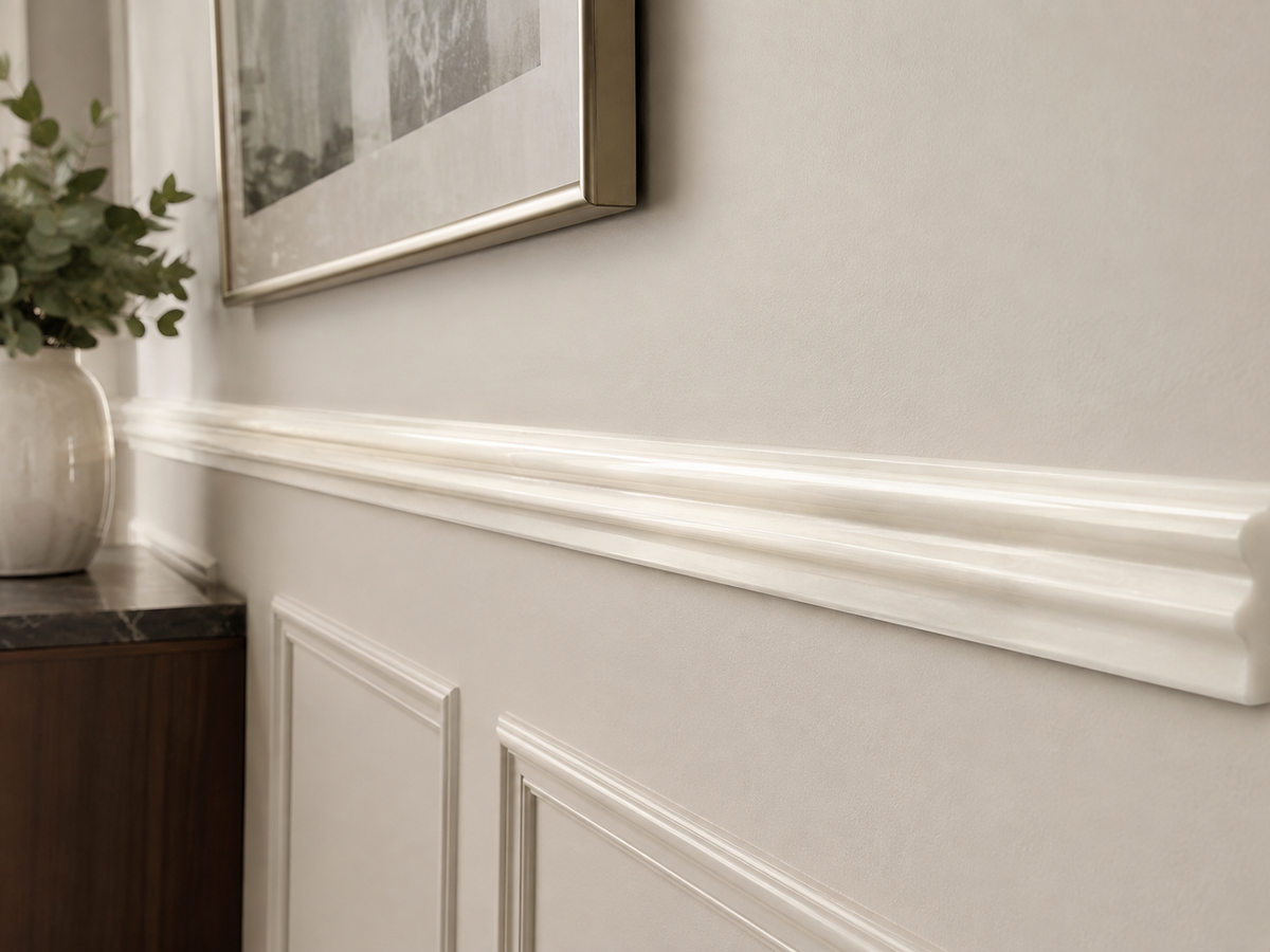 White marble bathroom idea: Bianco Dolomite marble ogee molding trimming a shower surround and vanity wall