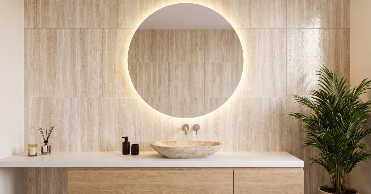 Large-format ivory bathroom idea: Albani Ivory Lapado 12x24 porcelain tile with minimal grout lines on floor and walls