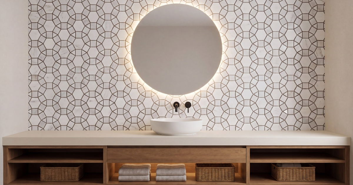 Marble mosaic bathroom accent idea: Aether Diana Carrara marble and pearl circle mosaic as a vanity backsplash