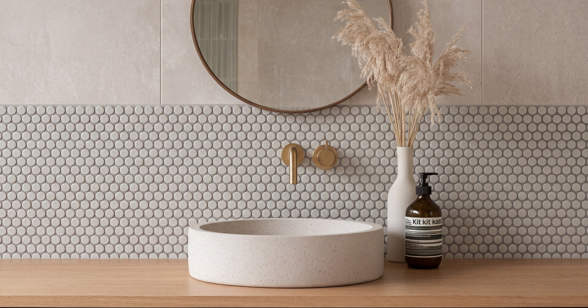 Penny round tile idea: Light Grey Matte penny round mosaic adding grip and texture to a small bathroom floor
