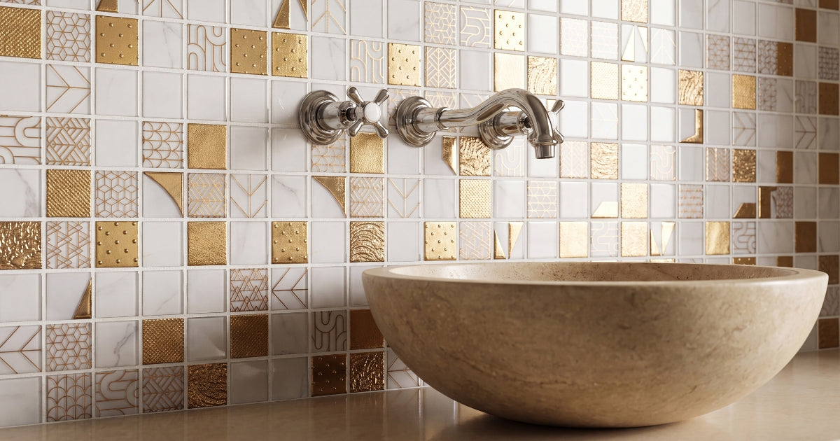 Glass mosaic bathroom accent idea: Rif Lite Alexandria white marble-look and gold glass mosaic behind a vanity sink