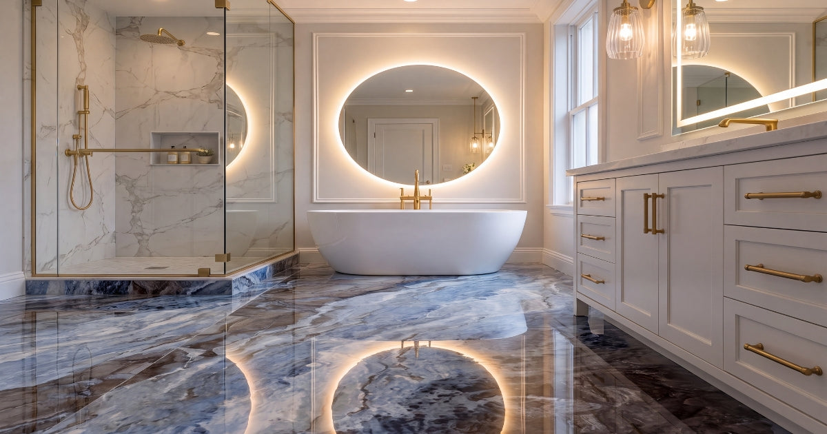 Large-format bathroom tile idea: Mystic Ocean Polished 24x48 blue and white marble-look statement floor