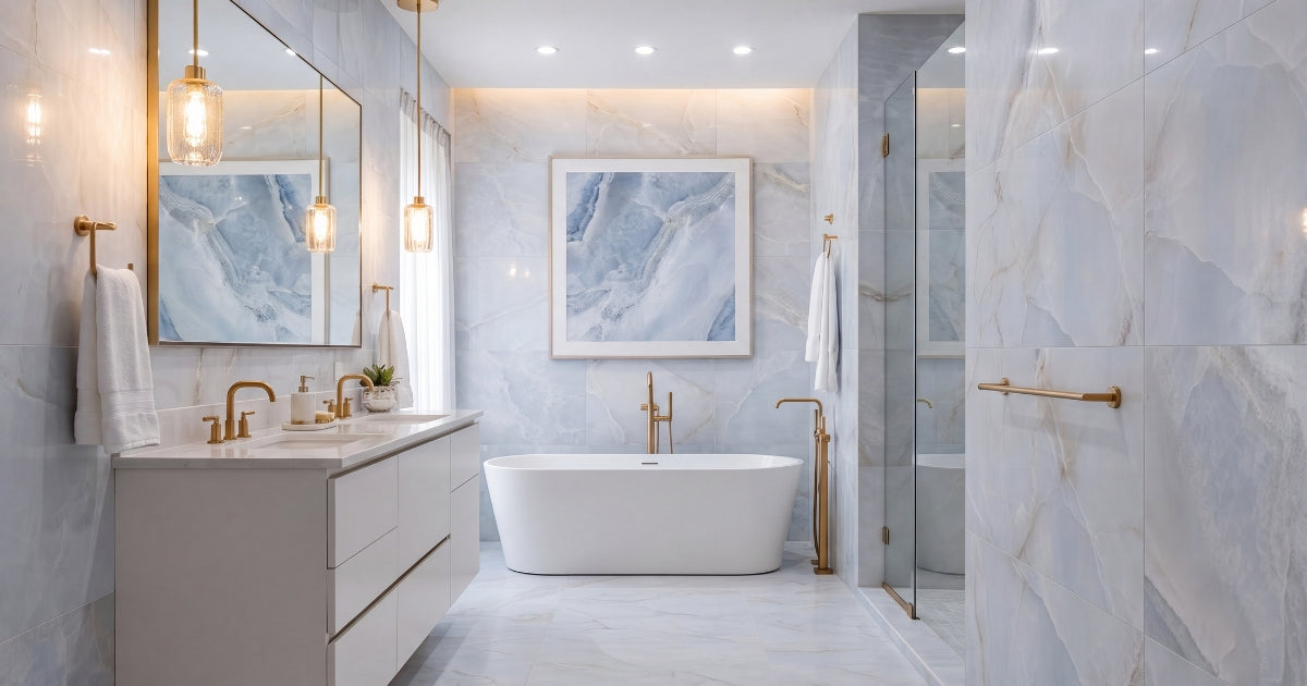 Blue and white veined bathroom idea: Reves Bleu Matte 12x24 porcelain on the wall beside a freestanding tub