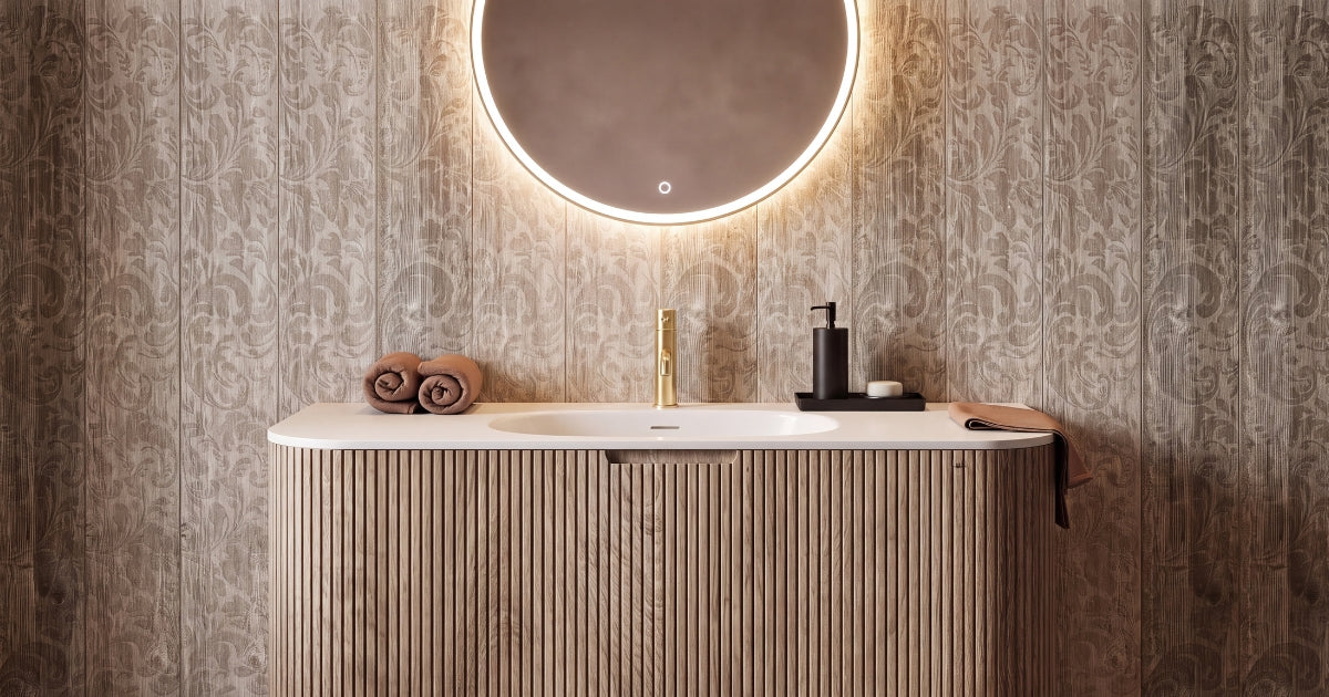 Damask pattern bathroom idea: DaVinci 5 Damasco 8x48 beige floral plank tile on a vanity feature wall