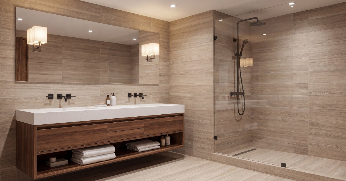 Oak plank bathroom idea: Soft Rope 8x48 light natural wood-look tile running across a bathroom floor