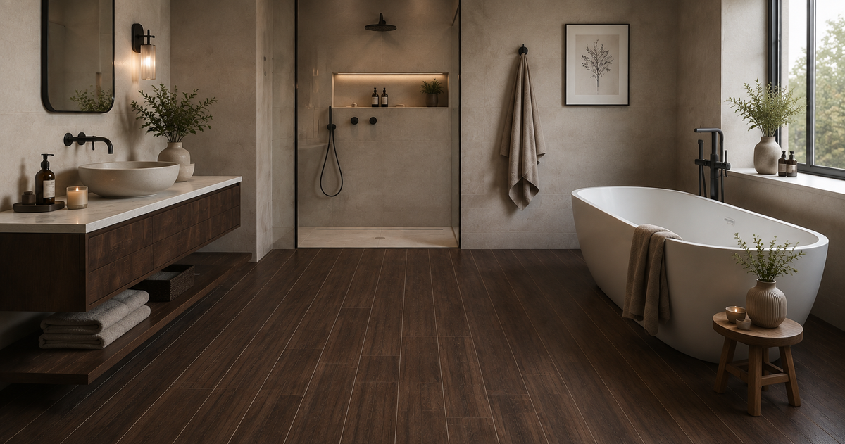 Black wood-look bathroom idea: Selection Oak Black Grip R11 plank flooring paired with white walls and fixtures