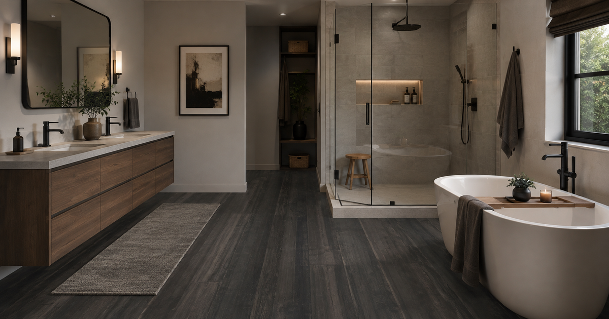 Charcoal black plank bathroom idea: Deco Wood Black 10.5x71 wood-look flooring in a moody bathroom with a walnut vanity and freestanding tub