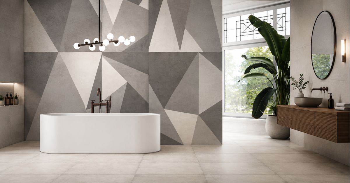 Neutral mist bathroom idea: Plain Mist 48x48 pale large-format floor tile with a grey geometric feature wall behind a freestanding tub