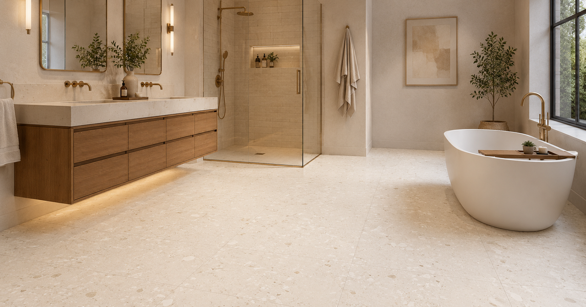 Terrazzo texture bathroom idea: Logico Cosmo Light 48x48 cream terrazzo-look flooring with an oak vanity and brass fixtures