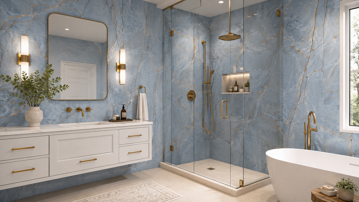 Blue feature wall bathroom idea: Heritage Luxe Azure Matte 32x71 oversized plank tile behind a vanity