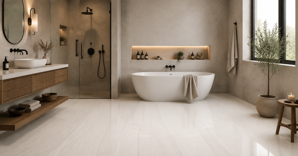 Warm marble bathroom idea: Bianchi Palissandro Nat 32x32 natural stone tile with beige and grey veining across the floor