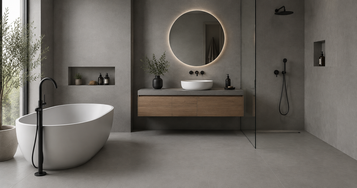Minimalist concrete-look bathroom idea: Core Plumb 30x60 grey porcelain on the floor and shower wall