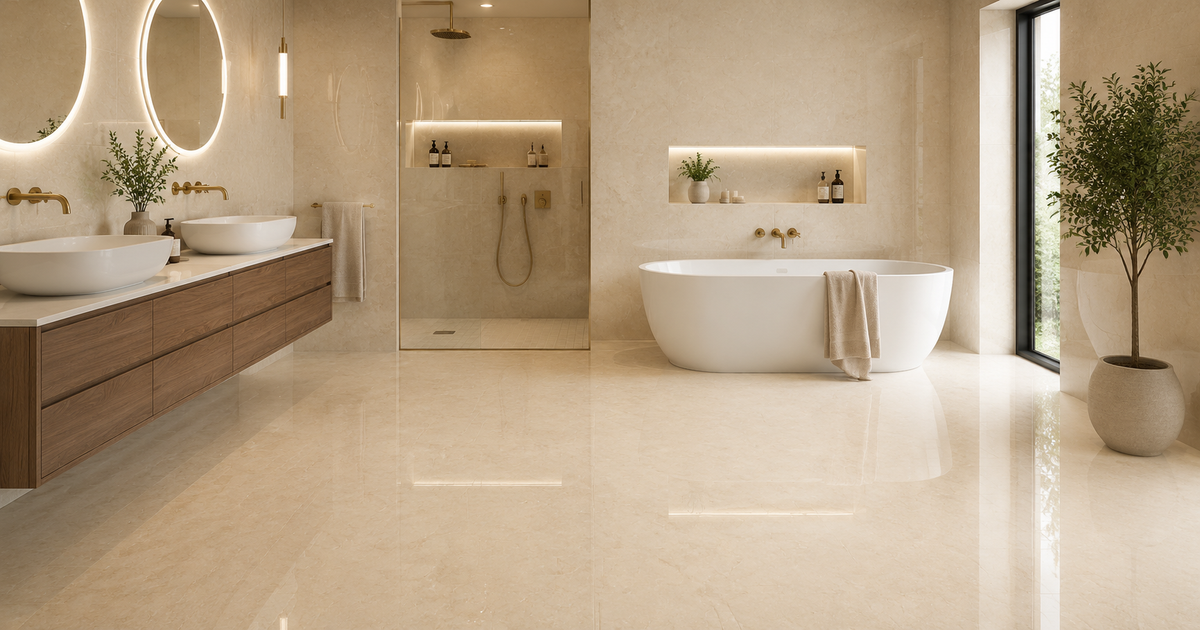 Polished marble bathroom idea: Prestigio Marfil Lucido 30x60 glossy ivory marble-look tile reflecting light across the floor