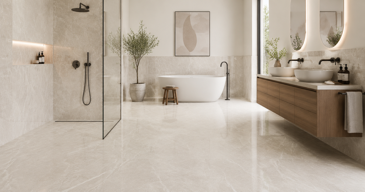 Bright white bathroom idea: Dolomia White Nat 24x48 natural stone-look tile keeping the space open and airy