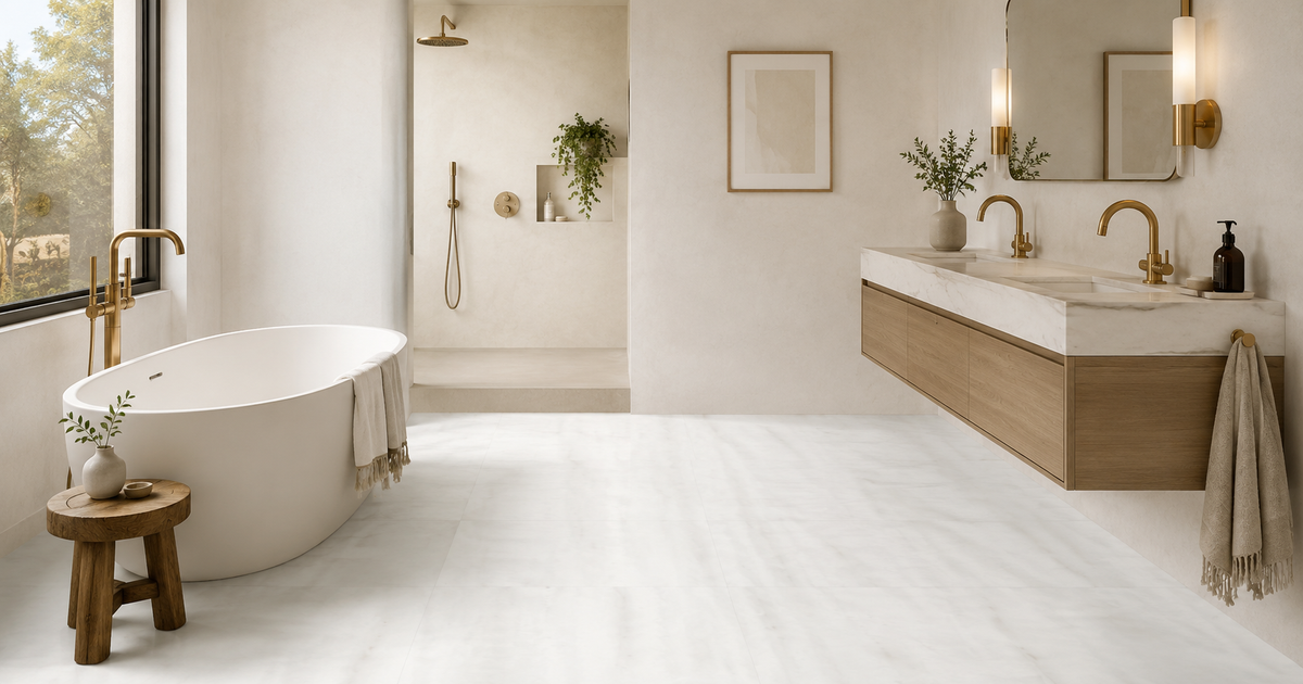 Gold beige marble bathroom idea: Origines Ombre Doree Glossy 24x48 tile on a feature wall behind a bathtub